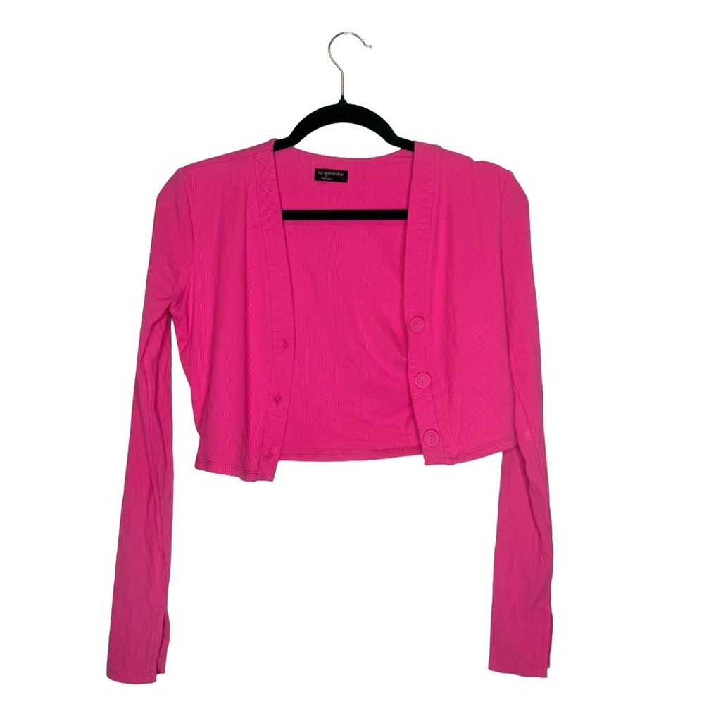 Naked wardrobe Cropped Hot Pink Button rayon ribbed Cardigan